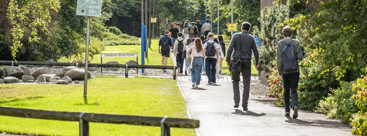 Students walking along a sunny walkway beside green lawns.