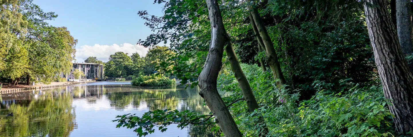 The loch beside the GRID building on the Edinburgh Heriot-Watt University campus.