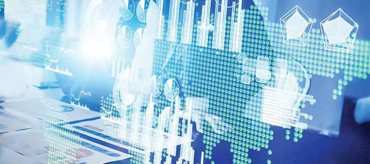 Financial charts superimposed on a map of the world