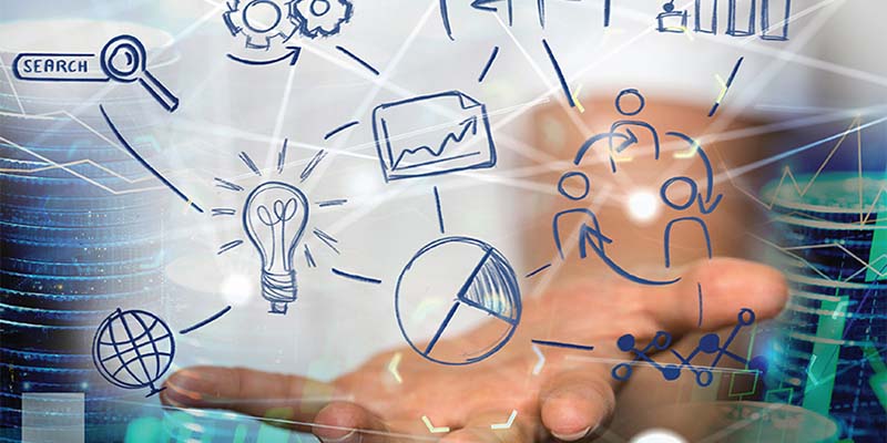 An open hand with line drawings of website icons above it