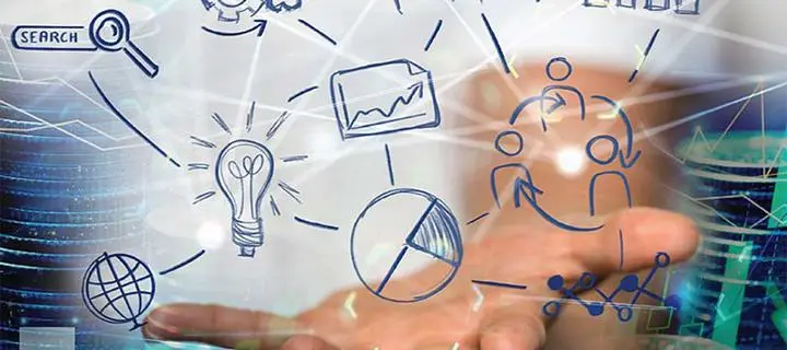 An open hand with line drawings of website icons above it