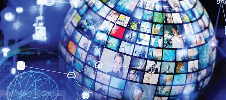 Sphere composed of multiple small squares showing images of people and ideas