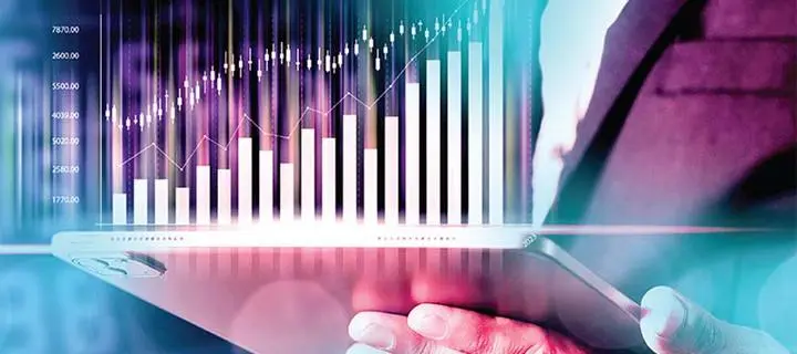 Digital depiction of a progress chart above a tablet computer