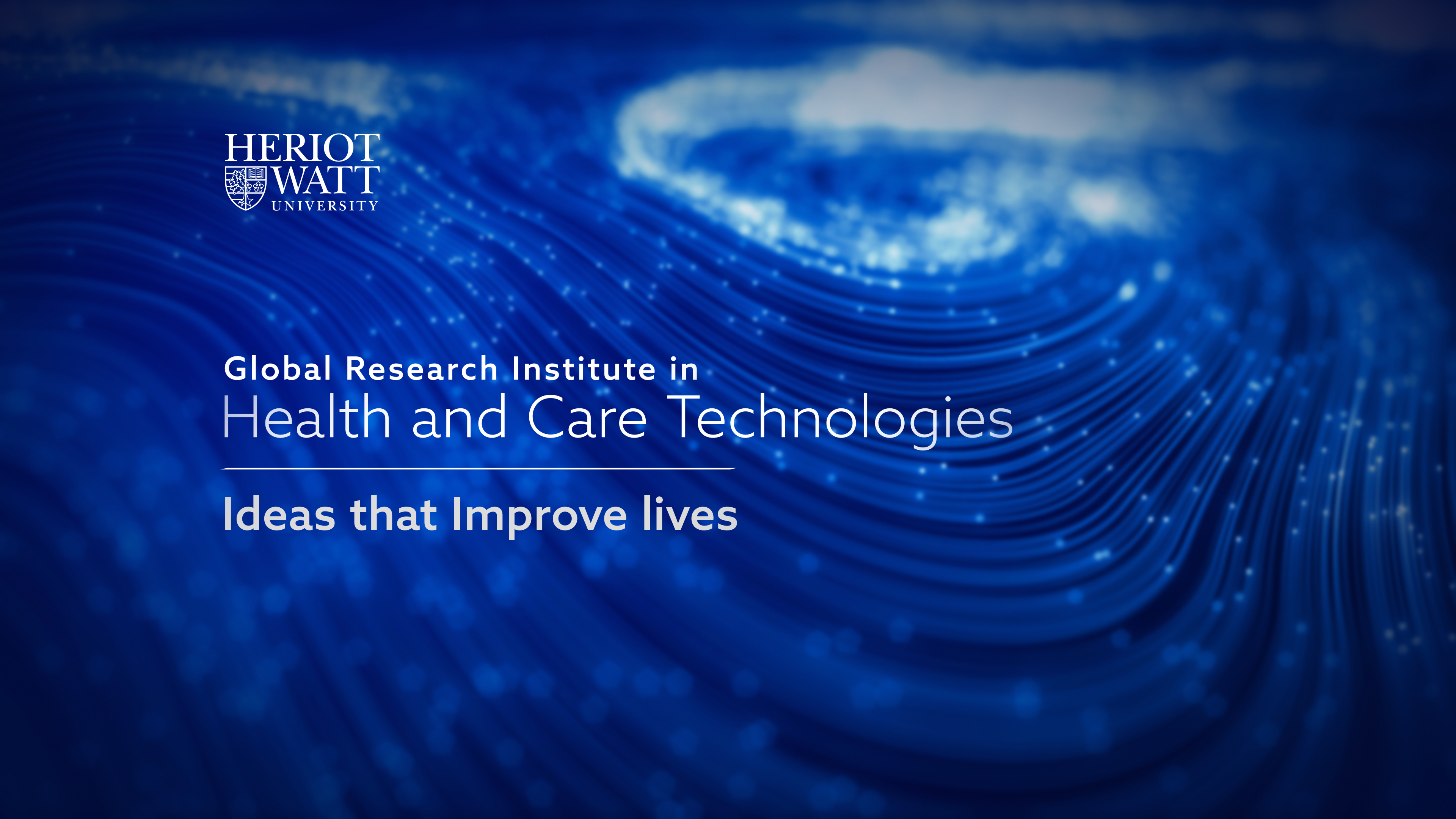 Blue swirls with video heading- Global Research Institute in Health and Care Technologies: Ideas that improve lives