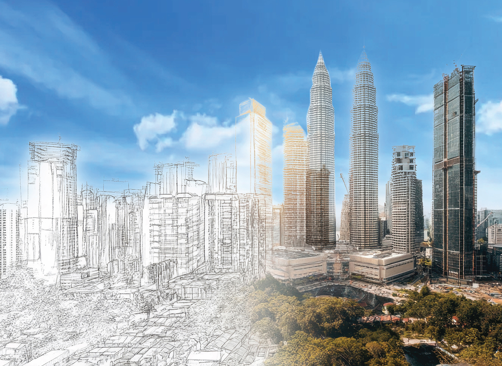 The Kuala Lumpur skyline, graduating from line drawing to full colour photograph