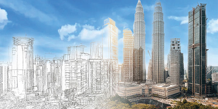 The Kuala Lumpur skyline, graduating from line drawing to full colour photograph