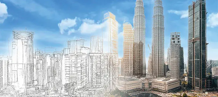 The Kuala Lumpur skyline, graduating from line drawing to full colour photograph