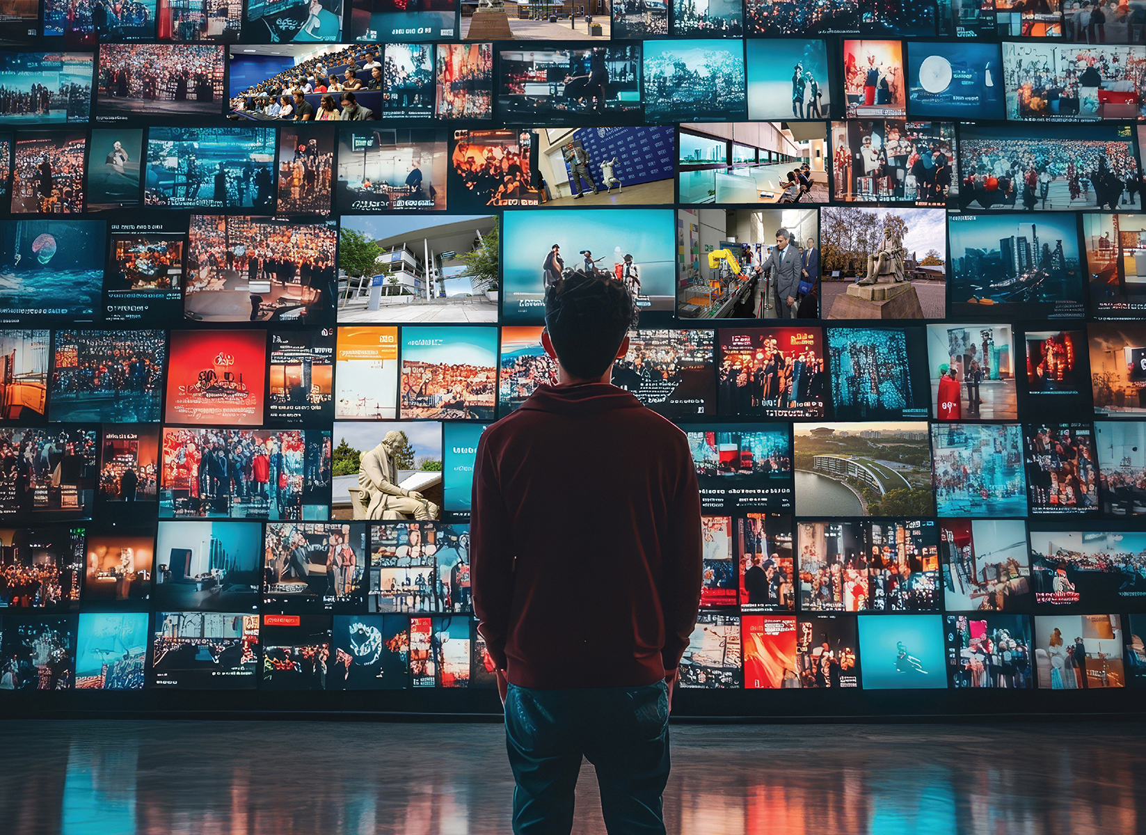 A student faces a wall of screens