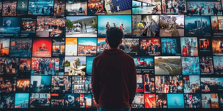 A student faces a wall of screens