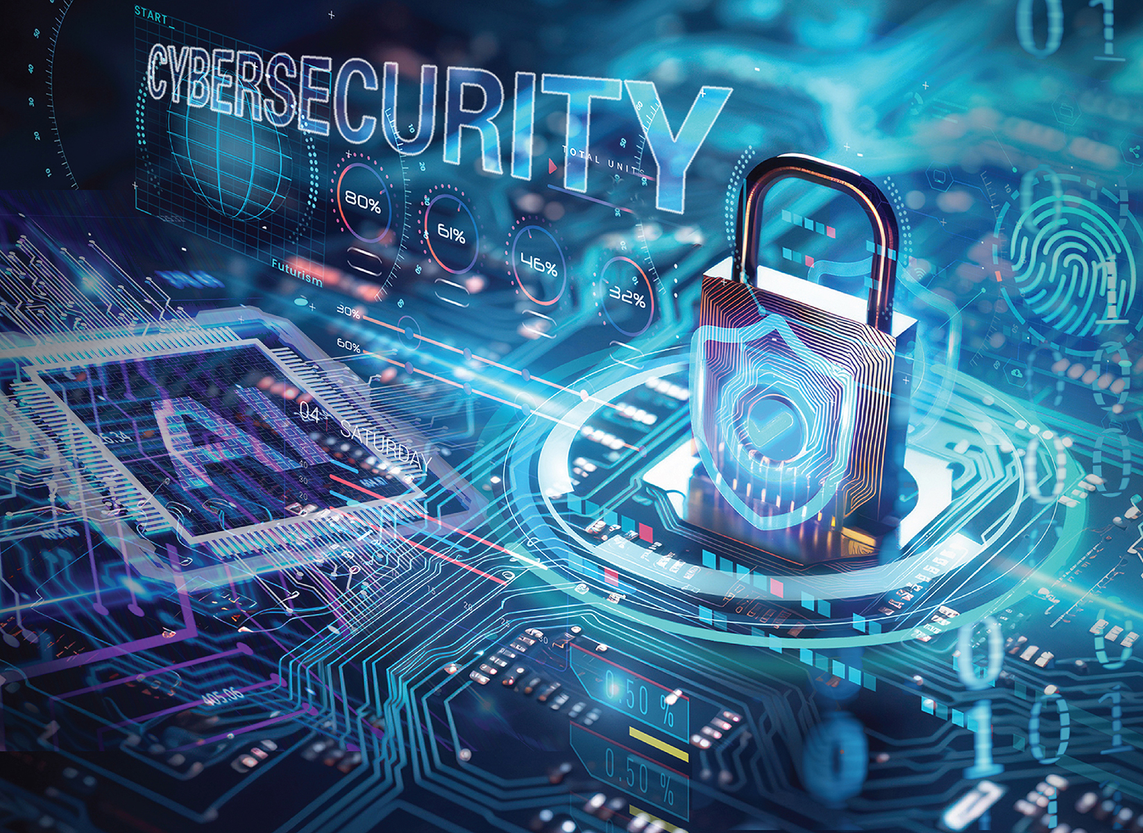 Abstract contruct suggesting network infrastructure with AI and cybersecurity highlighted