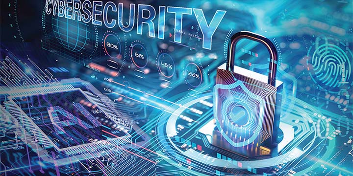 Abstract contruct suggesting network infrastructure with AI and cybersecurity highlighted