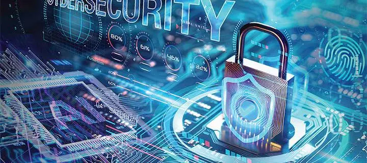 Abstract contruct suggesting network infrastructure with AI and cybersecurity highlighted