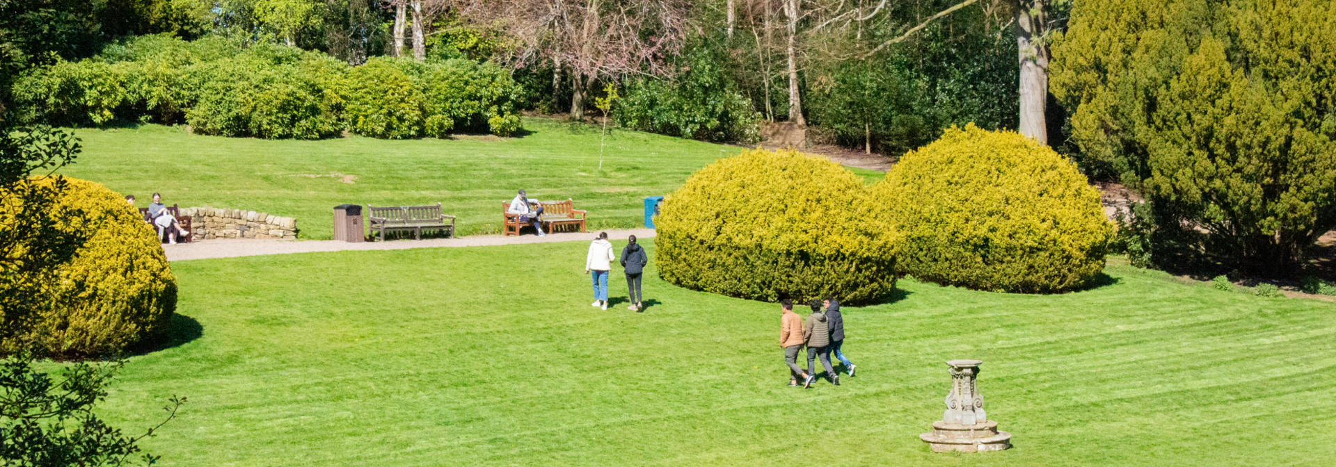 Students walking across a lawn on a sunny day.