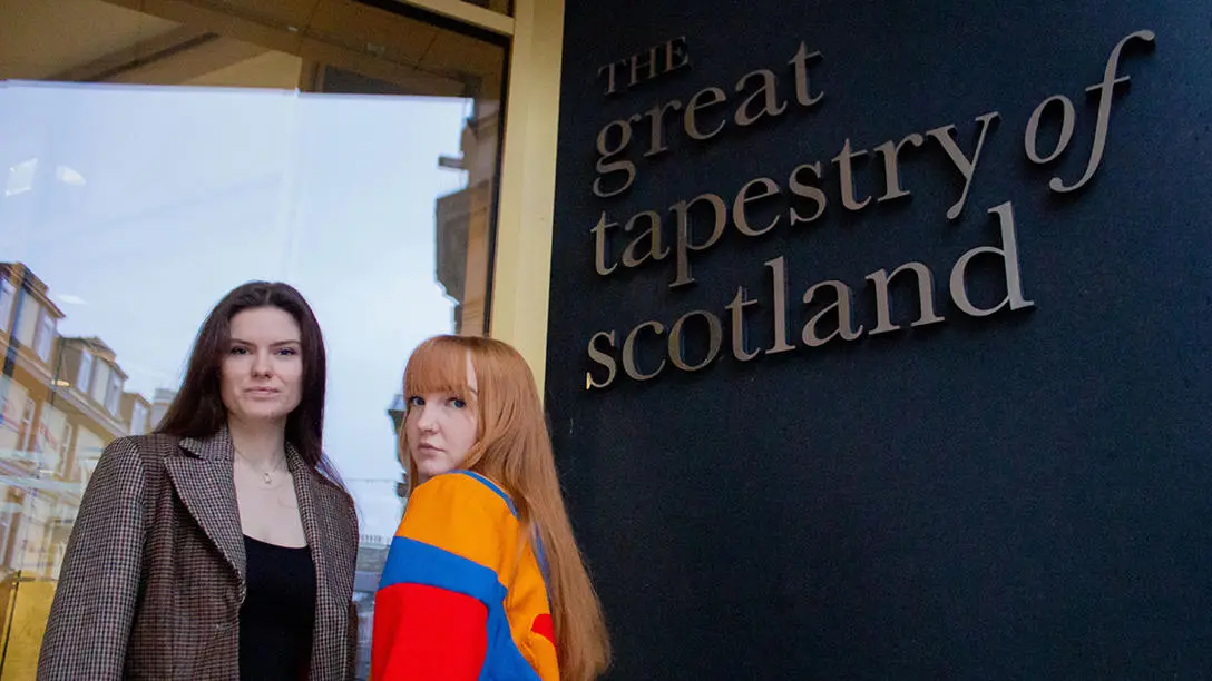 Fashion students Sasha MacAulay (L) and Freya Gillanders at Heriot-Watt School of Textiles and Design model two of their ‘reconstructed’ jackets.