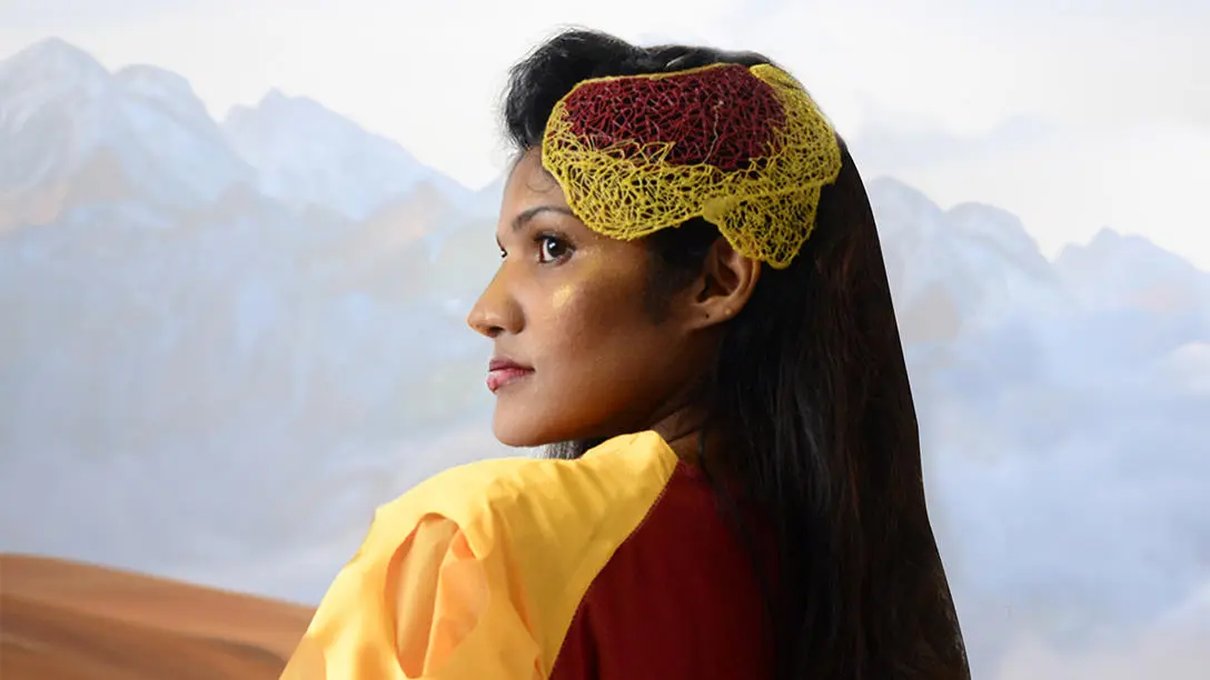 Model Bhailasree Sanalkumar wearing a Mars-inspired fashion garment by Sujata Nandi, a postgraduate in Fashion and Textiles Design at Heriot-Watt University’s School of Textiles and Design.