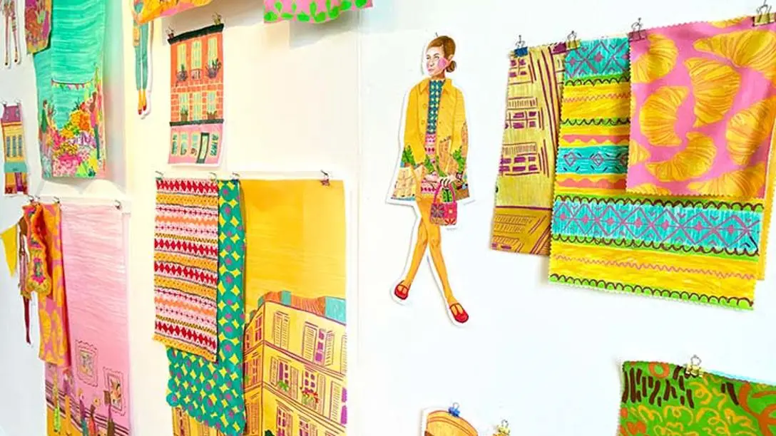 Imagery of Lauryn Hood's project, Sunday Girl, displaying sketches of outfits and samples from the final project