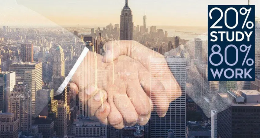 shaking hand - 20 percent study and 80 percent work