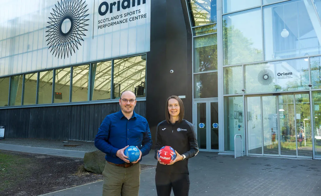 Ewan Hunter of the Scottish Handball Association (left) and Katrina Gibbon of Oriam. Ewan Hunter of the Scottish Handball Association (left) and Katrina Gibbon of Oriam.