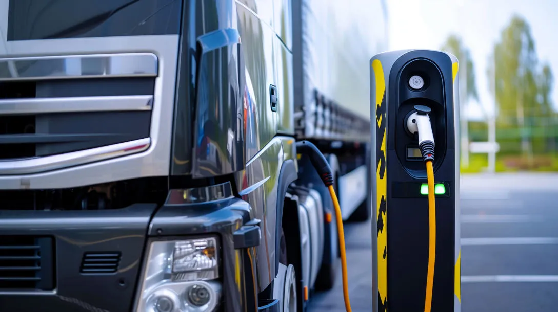 An electric truck charging. An electric truck charging.