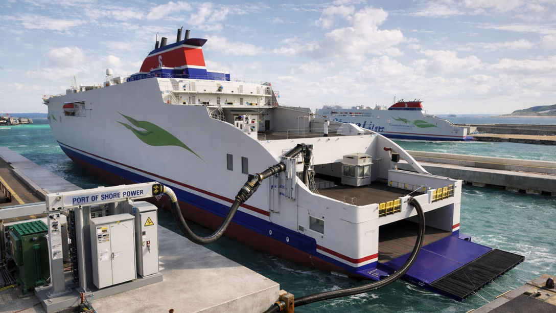 Visualisation of an electric ferry charging at a port.