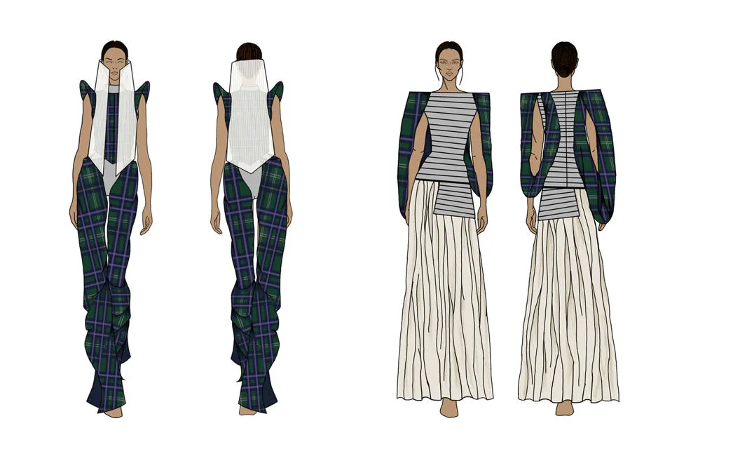 Two of Kayleigh's designs, including a tartan body suit with pintucked pillar-like top and horizontal pleated top with tartan drape shoulder accents.