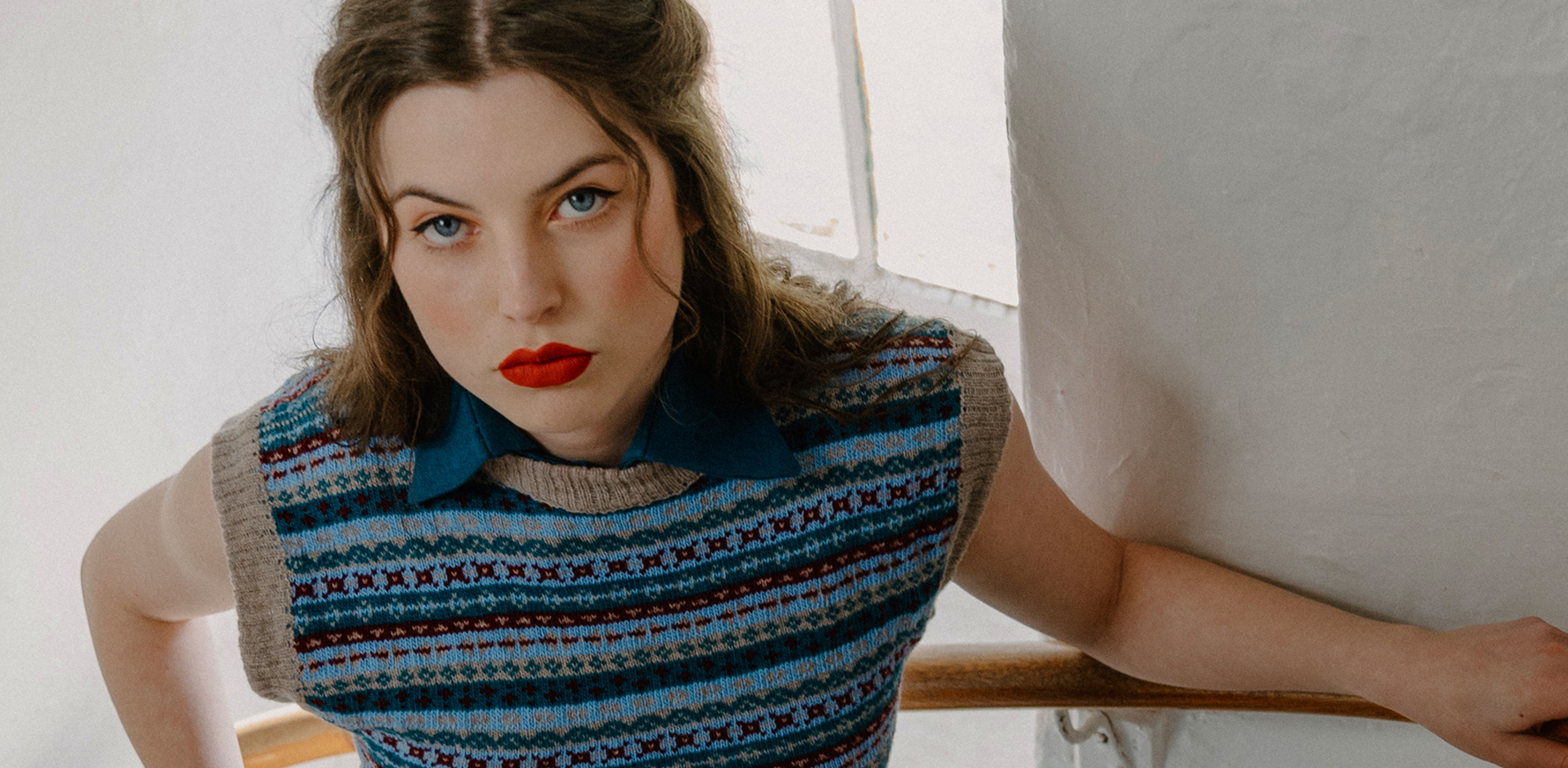 A model wears the fairisle top designed by Fashion Technology student Sasha MacAulay. Photo by Adamantia Tserkezoglou.