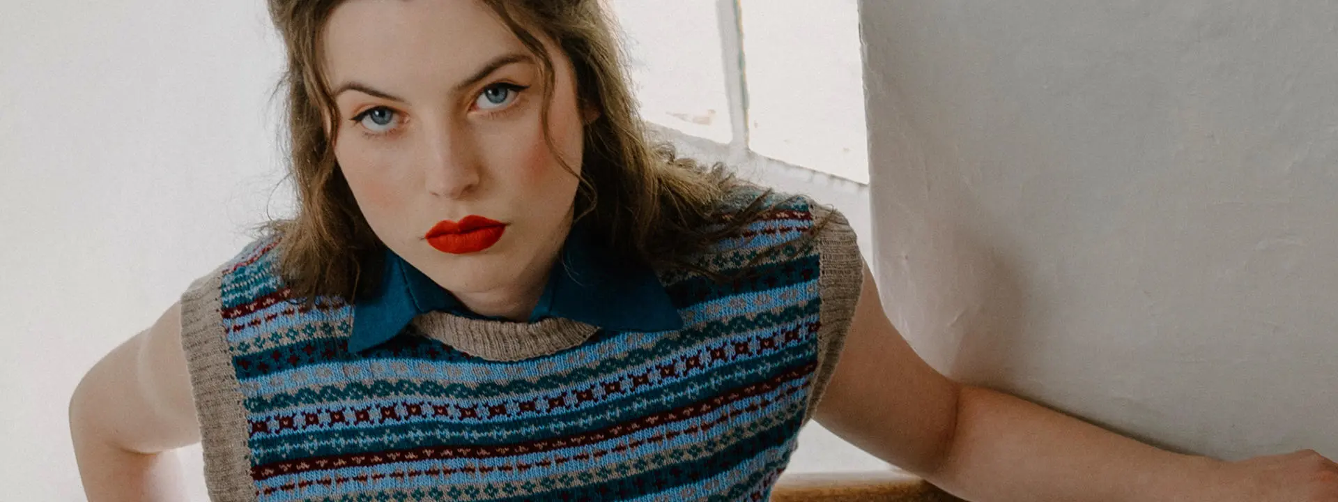 A model wears the fairisle top designed by Fashion Technology student Sasha MacAulay. Photo by Adamantia Tserkezoglou.