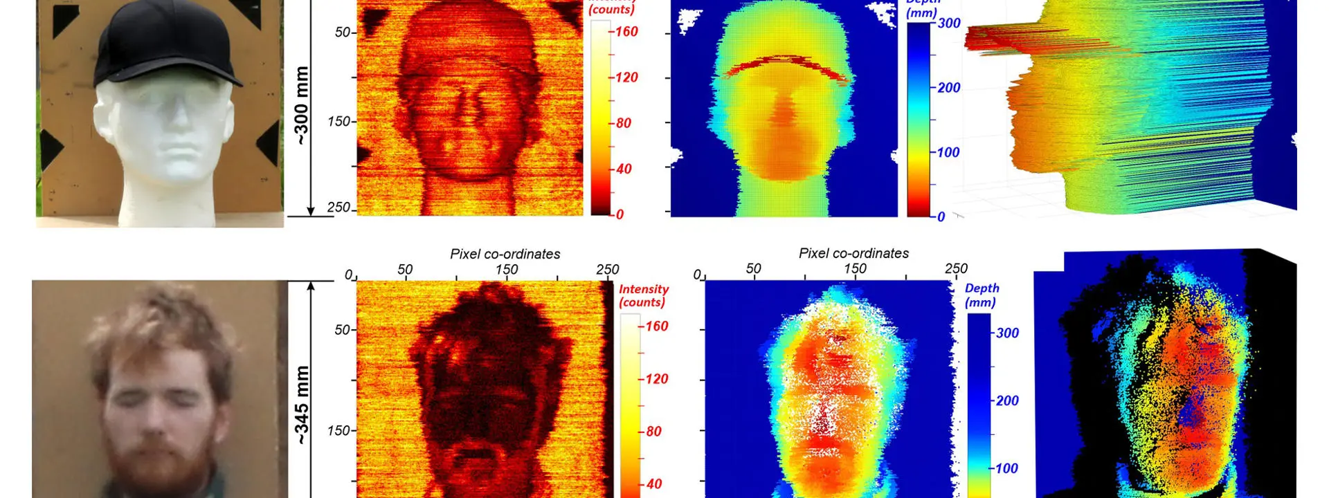 Depth scans from 325 metres away of a life-sized polystyrene head and research co-author Gregor Taylor.