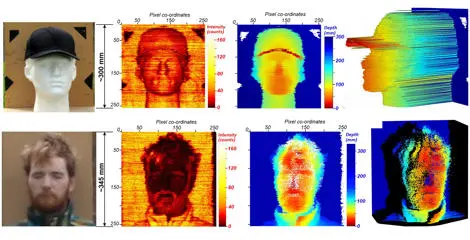 Depth scans from 325 metres away of a life-sized polystyrene head and research co-author Gregor Taylor.