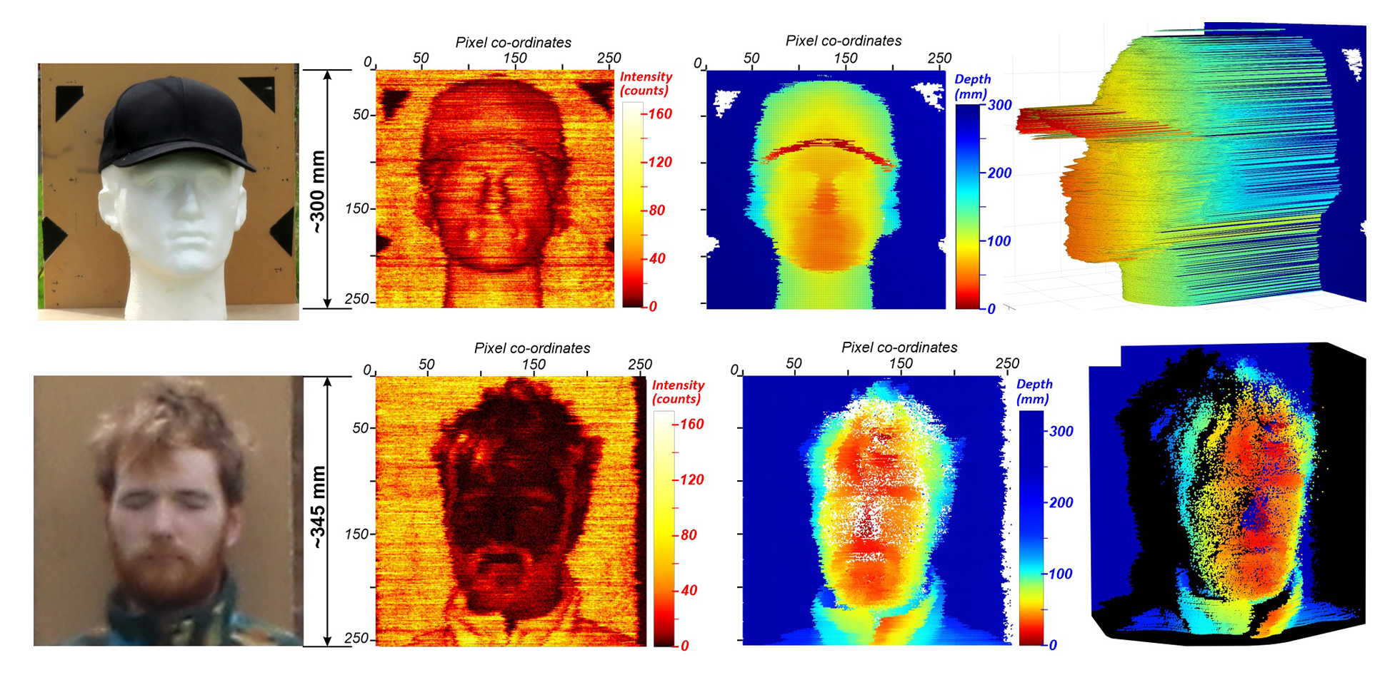 Depth scans from 325 metres away of a life-sized polystyrene head and research co-author Gregor Taylor.