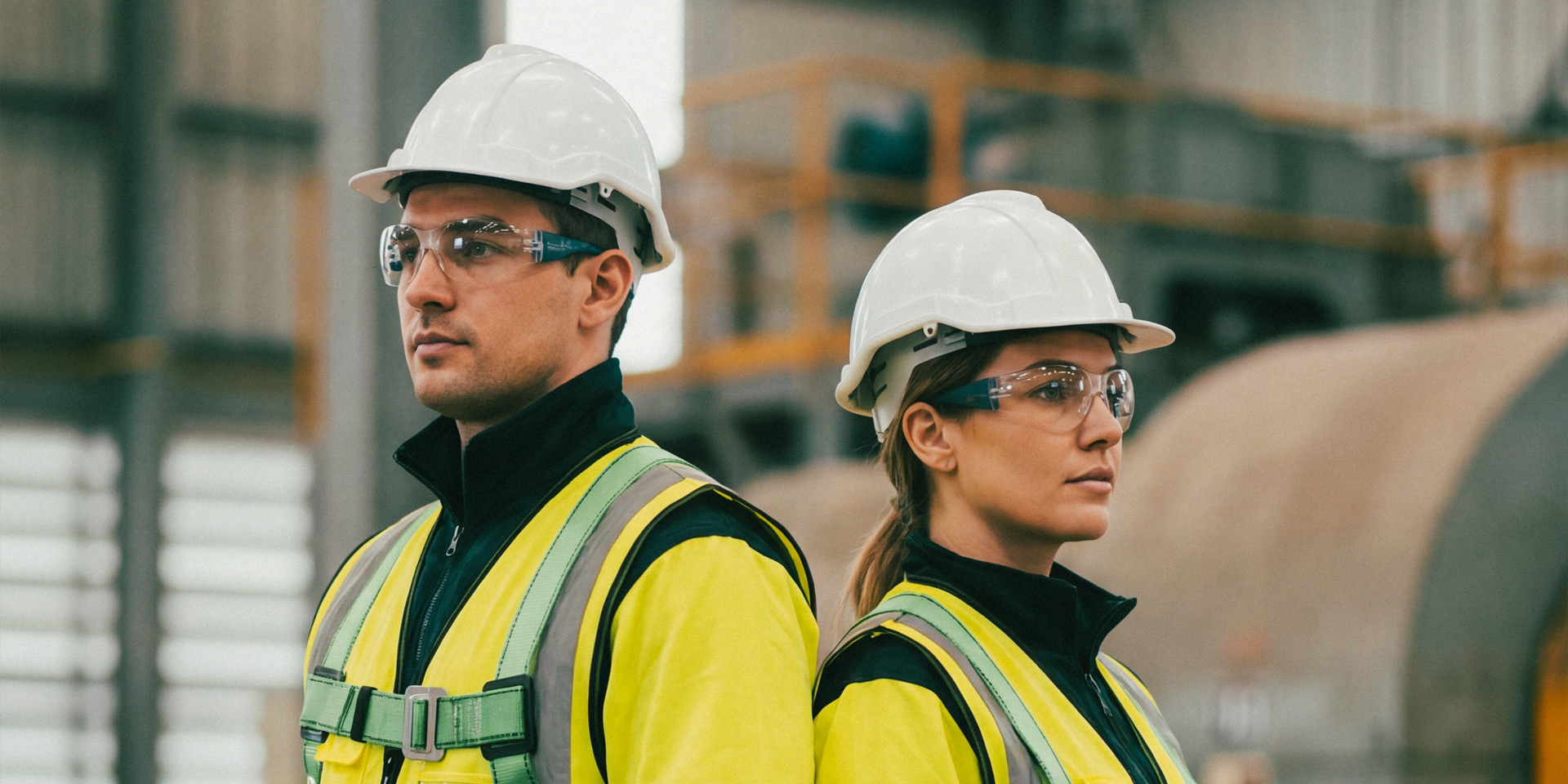 Two construction workers in yellow safety vests and white helmets standing back to back inside an industrial facility.