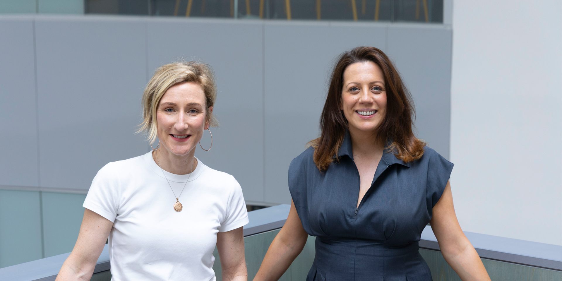 Jessica Mullen and Gemma Stuart standing in GRID Building, Heriot-Watt University, Edinburgh campus 