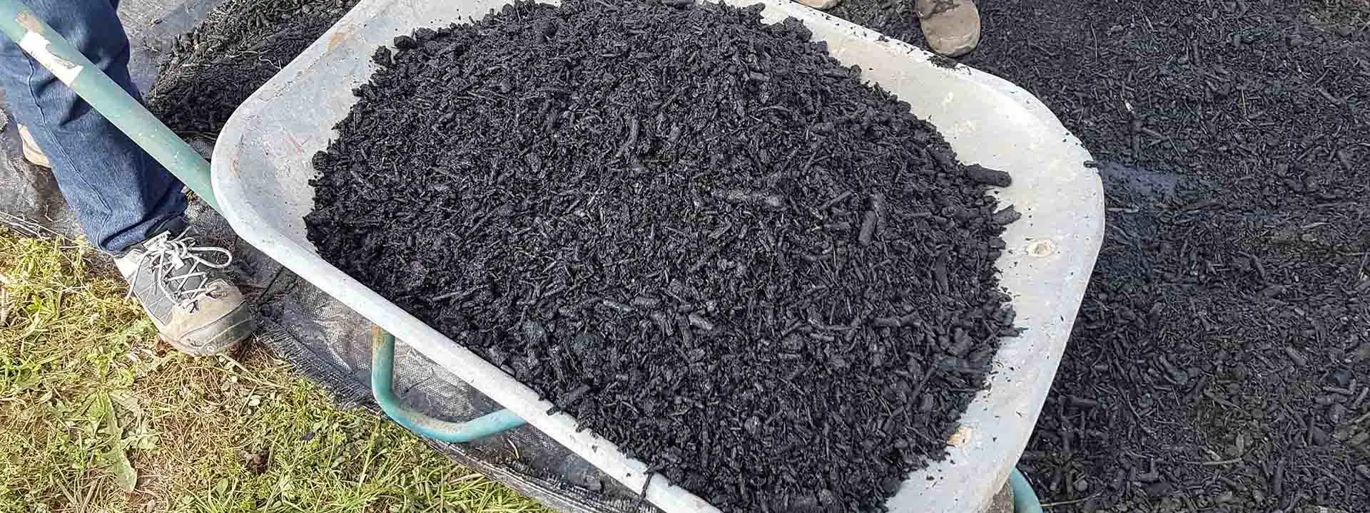 Picture shows a wheelbarrow containing biochar.