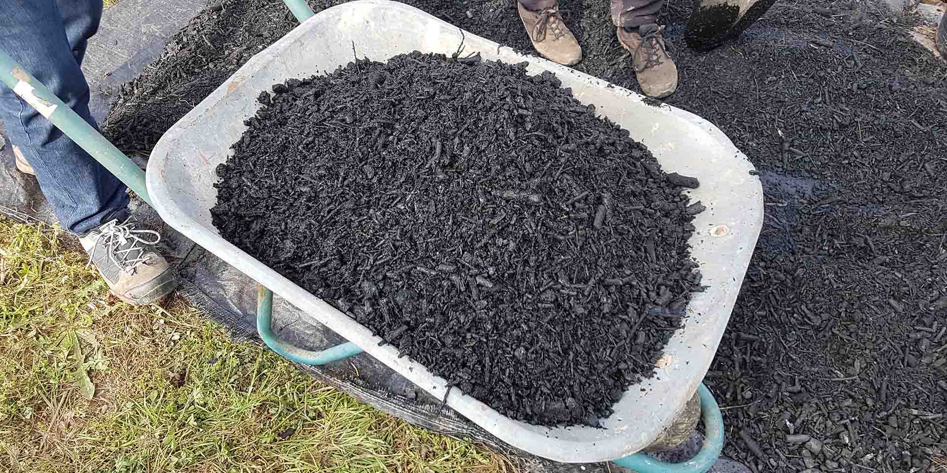 Picture shows a wheelbarrow containing biochar. 