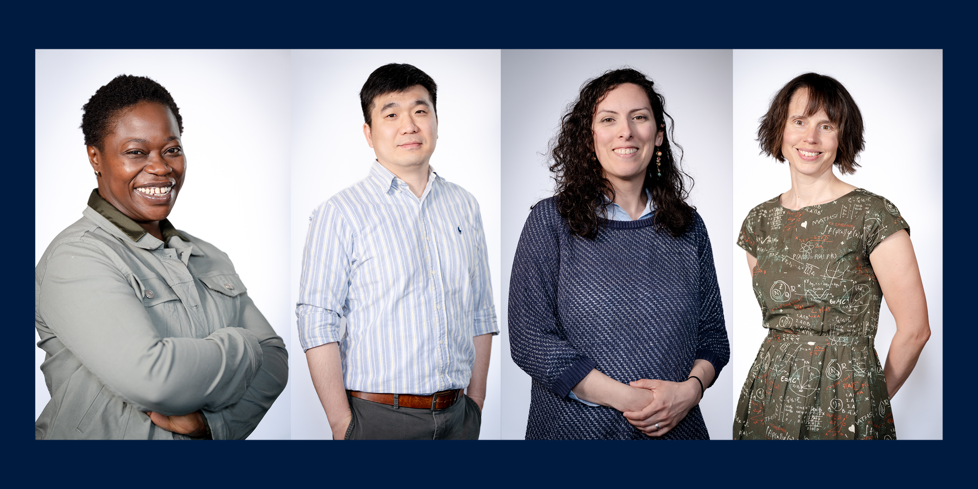 Four people captured in separate portrait photographs smiling to the camera. 