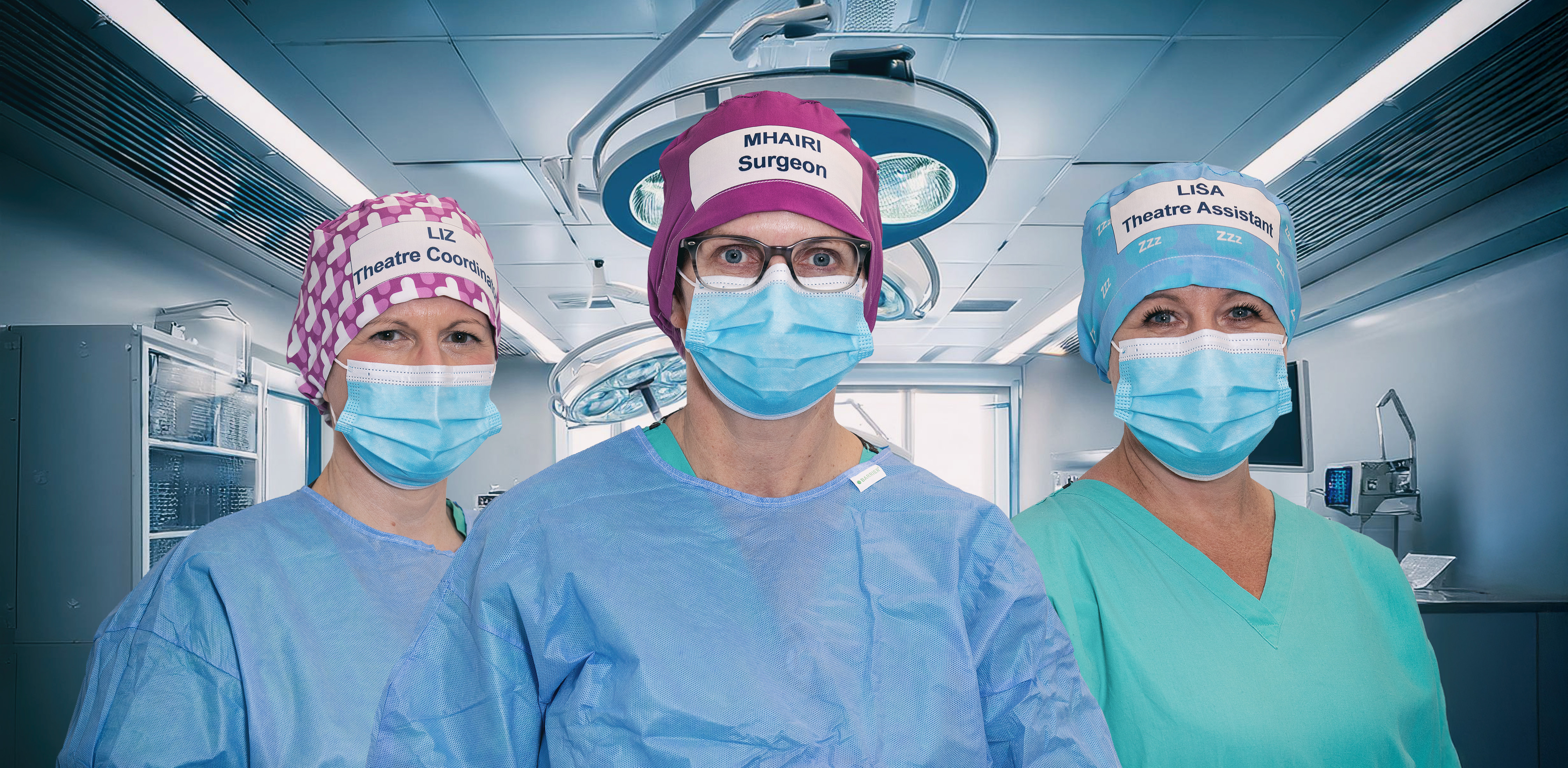 Hospital clinicians wearing theatre caps.