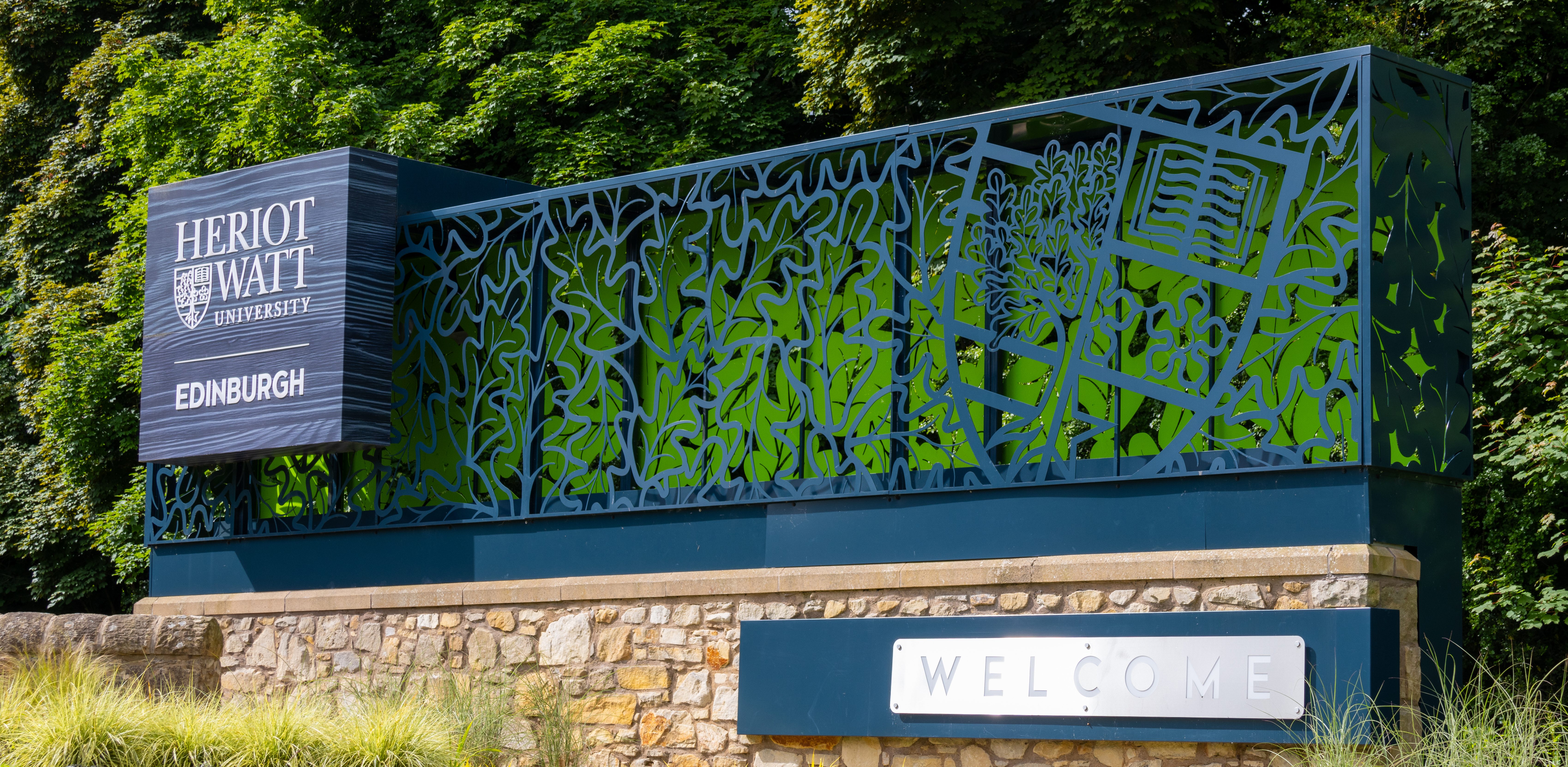 The front welcome sign at the Heriot-Watt University Edinburgh campus.