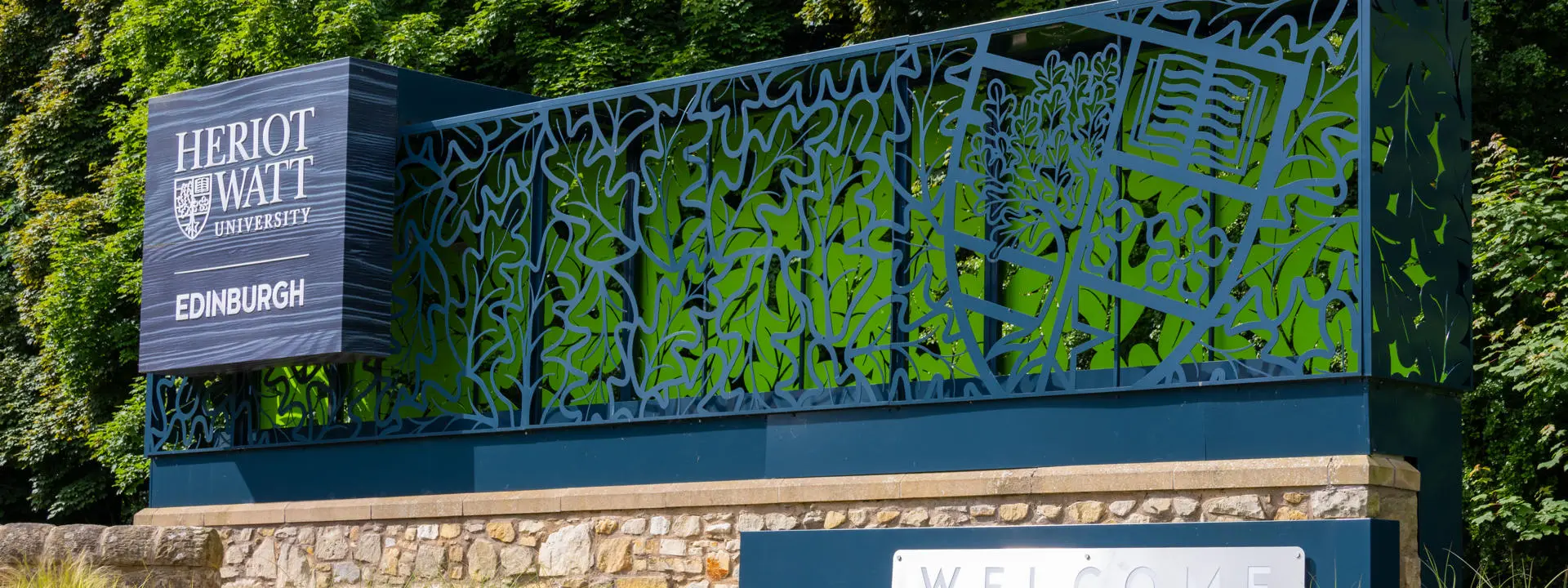 The front welcome sign at the Heriot-Watt University Edinburgh campus.