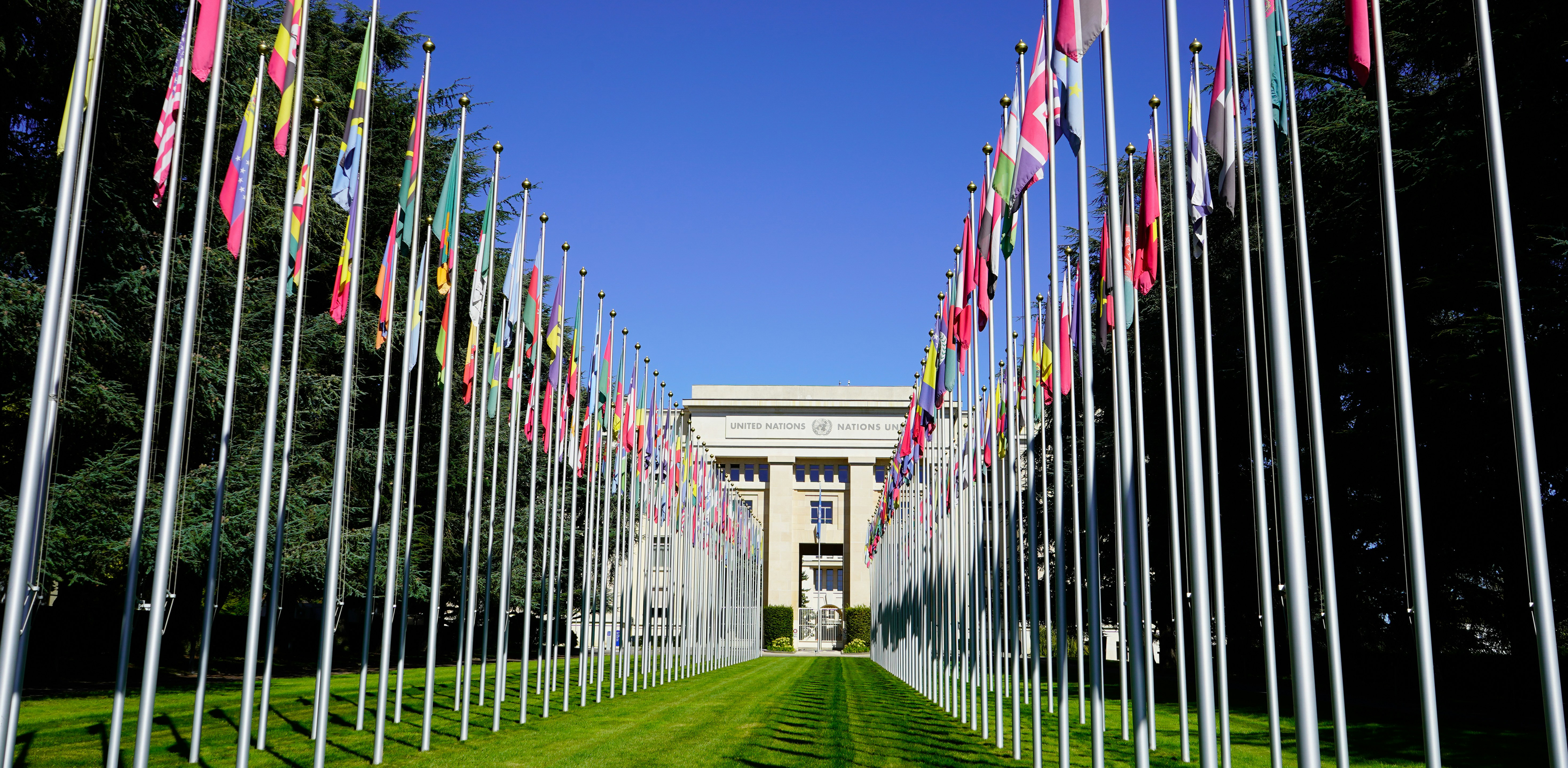 Flags at the European headquarters of the United Nations. Photo by Meizhi Lang, Unsplash.