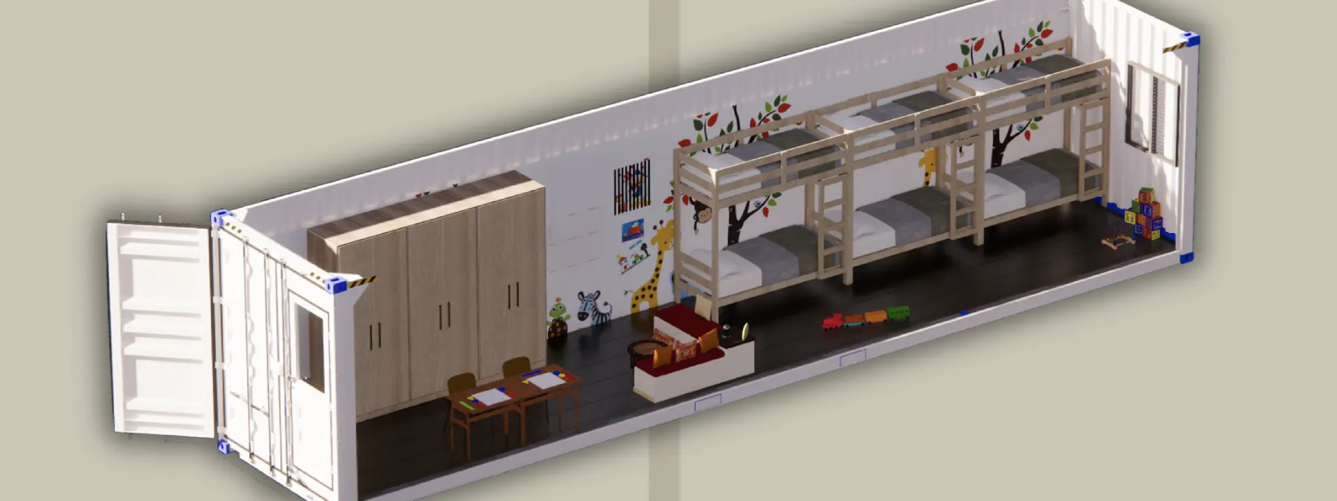 Detail of a shipping container designed as a residential unit from Habiba's proposal.