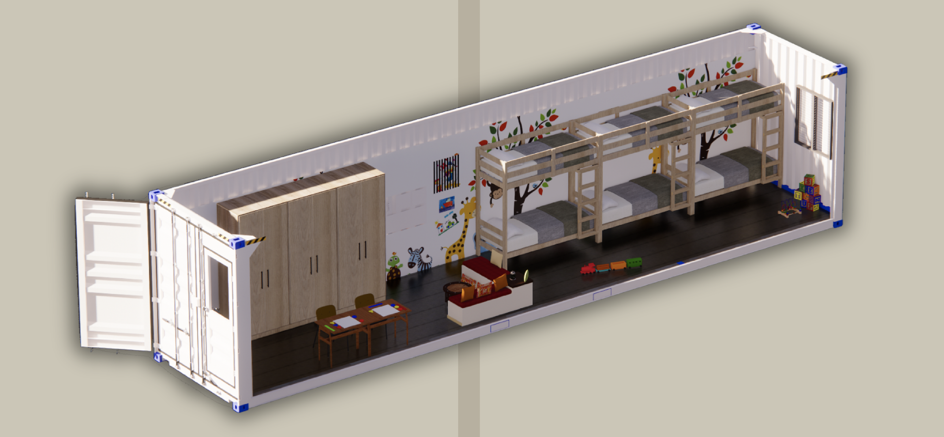 Detail of a shipping container designed as a residential unit from Habiba's proposal.