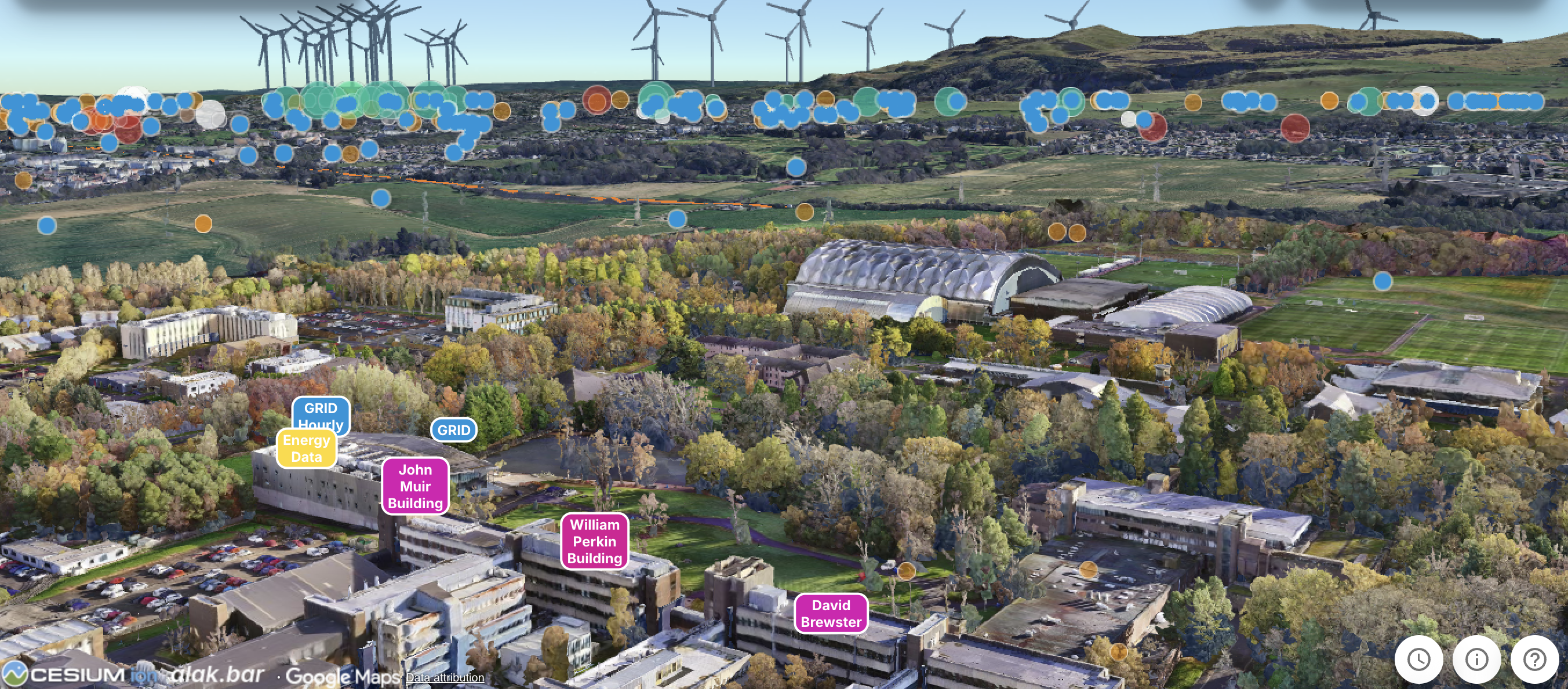 Screenshot of Bentley Systems software, showing an interactive 3D digital mode of the Heriot-Watt Edinburgh campus.