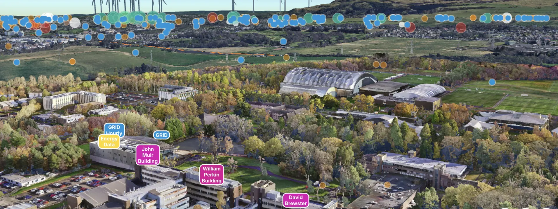 Screenshot of Bentley Systems software, showing an interactive 3D digital mode of the Heriot-Watt Edinburgh campus.