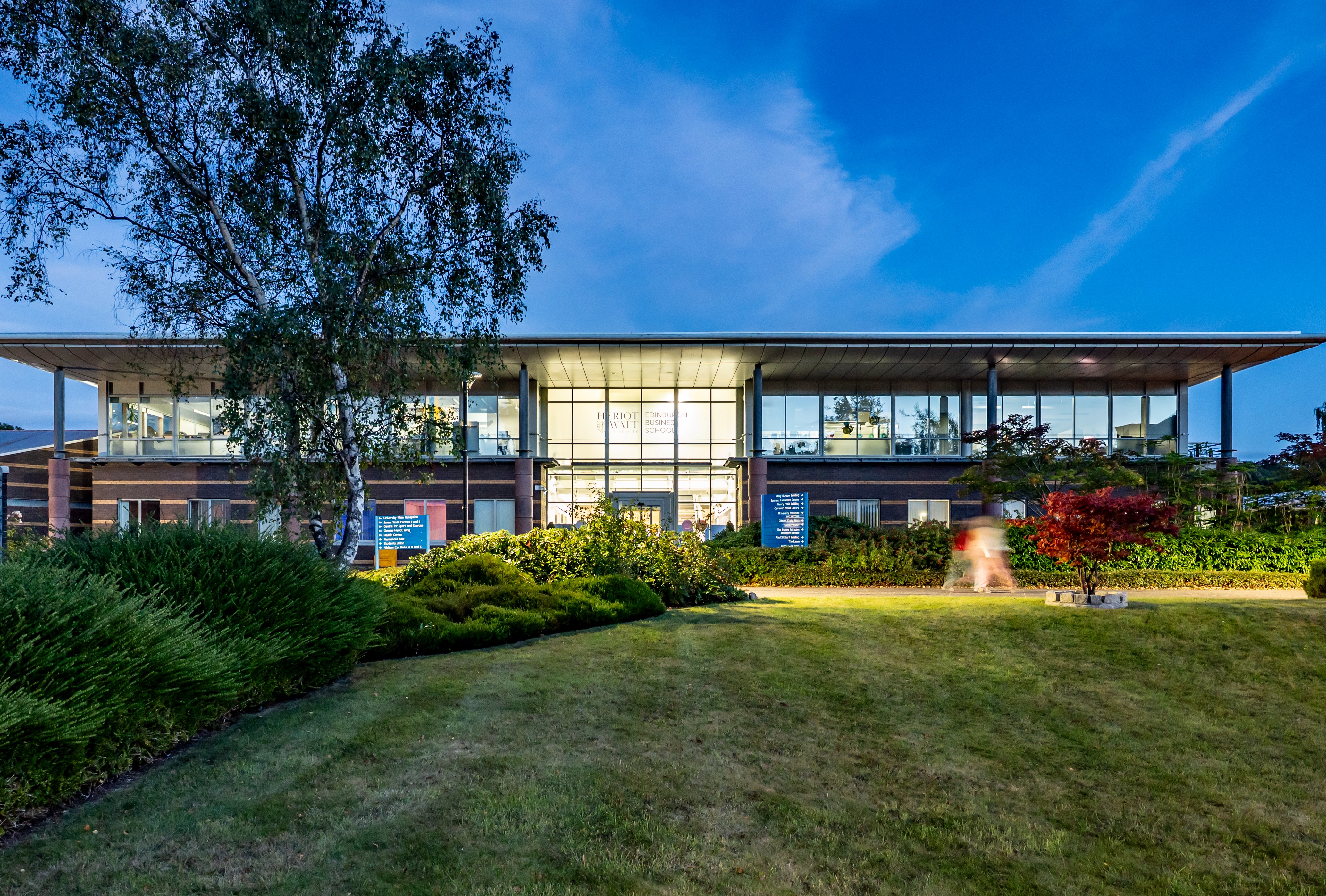 Edinburgh Business School building in the evening.