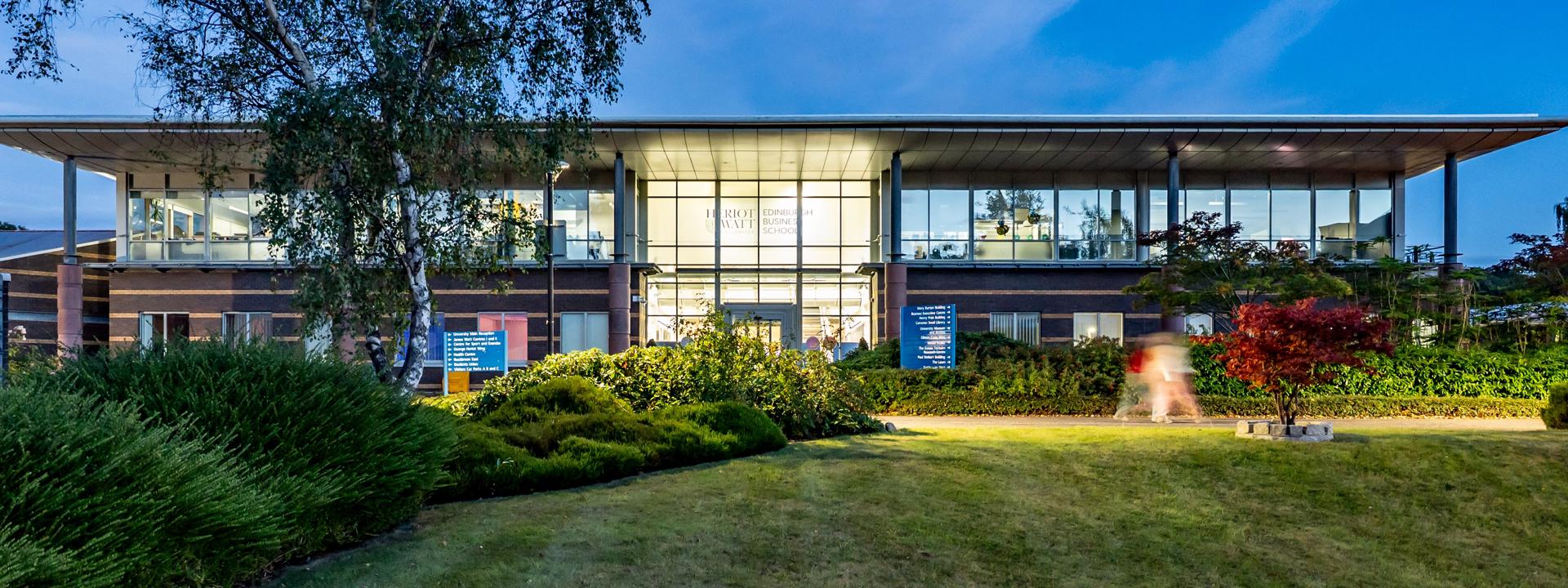 Edinburgh Business School building in the evening.