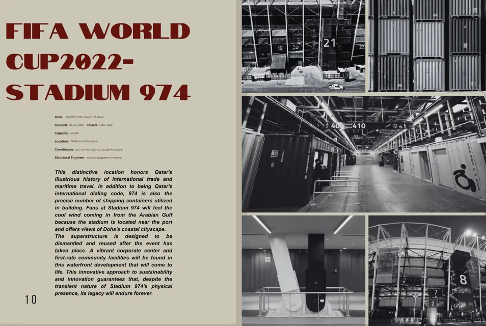 An extract from Habiba's proposal, on the 2022 FIFA World Cup shipping container venue, Stadium 974. Proposal extract on the Stadium 974 shipping container venue at the 2022 FIFA World Cup in Qatar.