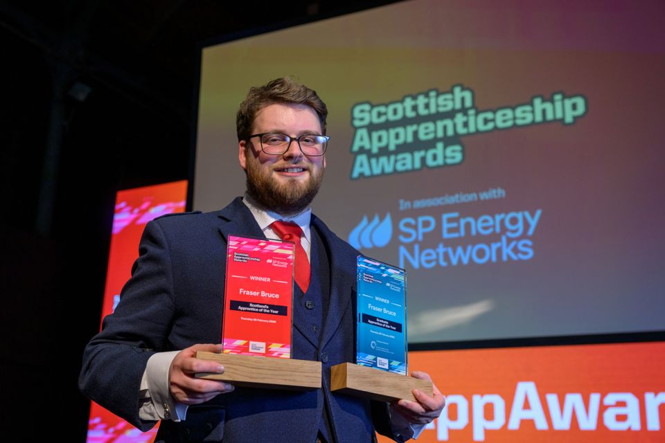 Fraser Bruce posing with the two awards he won.