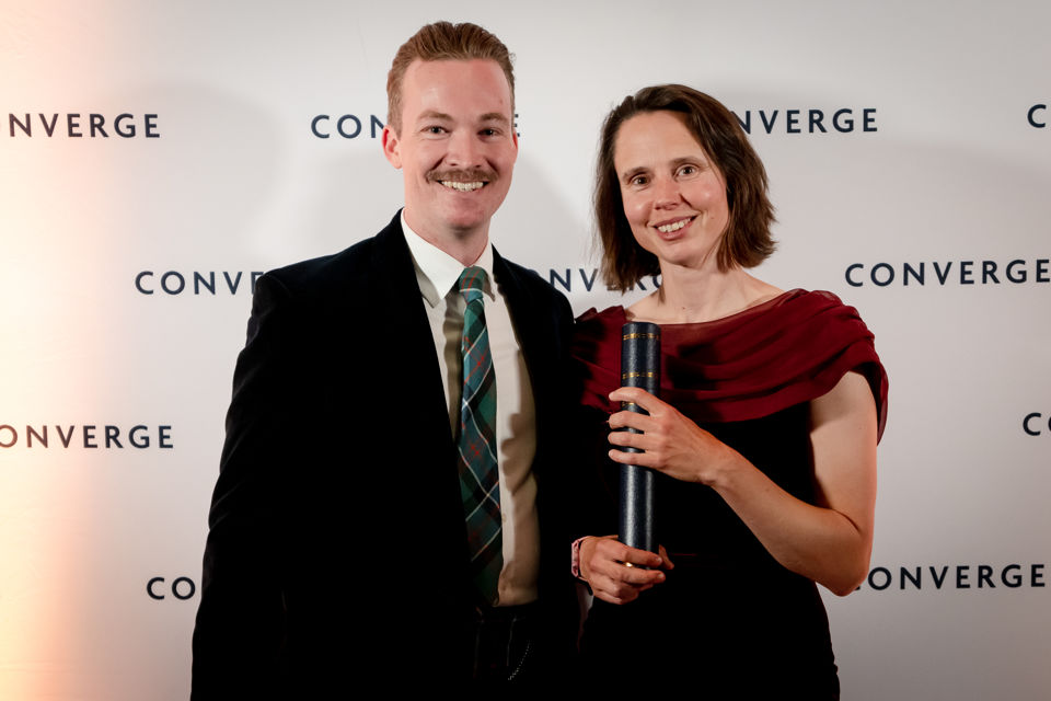 Professor Helen Bridle and Dominic Gammon, Enterprise Executive celebrate RecoverPX winning the Blue Economy Special Prize at the Converge Awards 2026. Enterprise Executive Dominic Gammon and Prof Helen Bridle