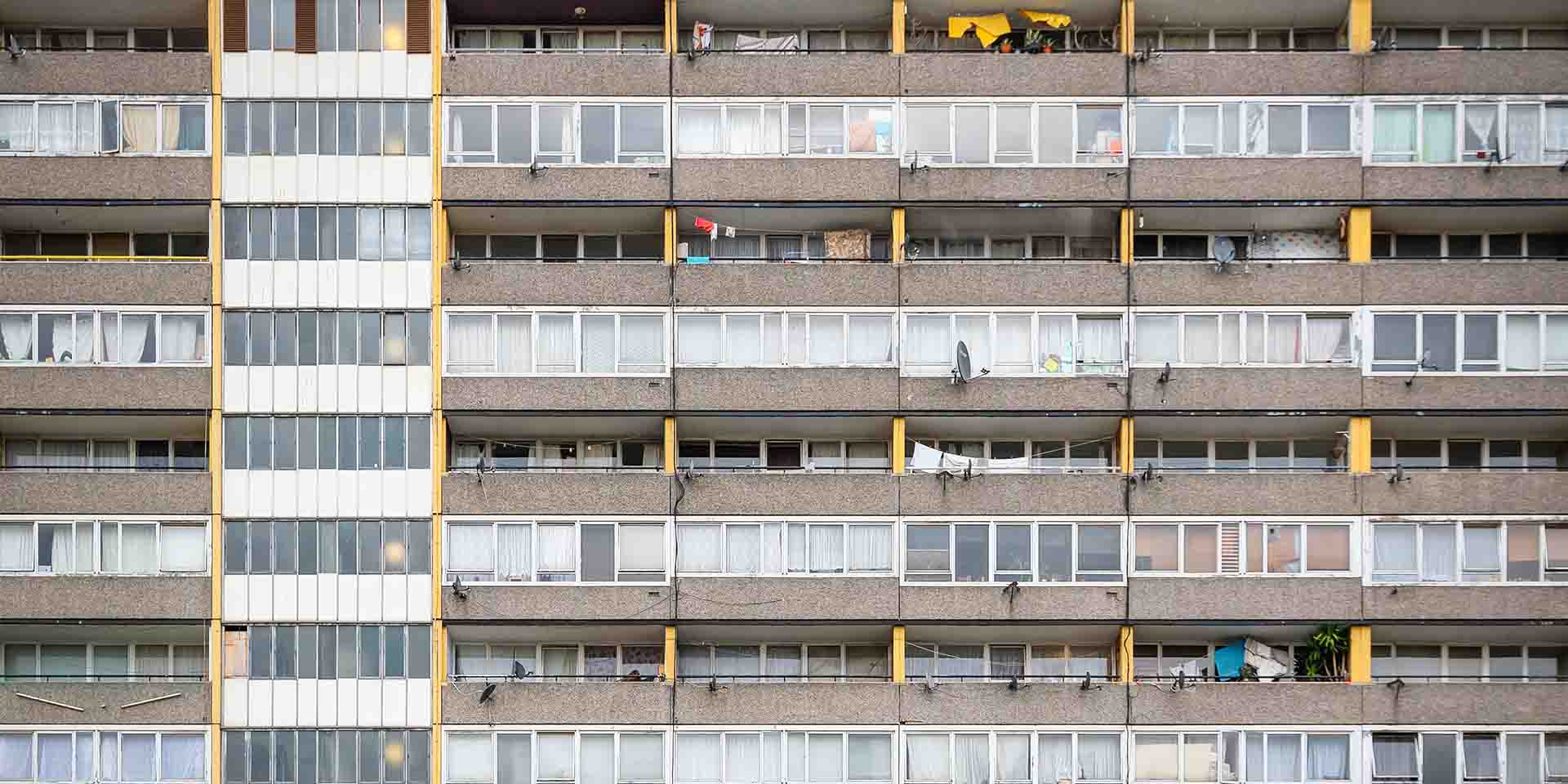 Close-up shot of a block of flats. 