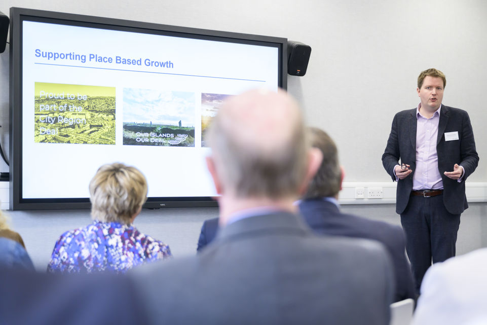 David Richardson, Chief Entrepreneurial Executive for Heriot-Watt University outlined his vision for supporting the Business and Enterprise community in the South of Scotland. A person presents on front of a screen that reads 'Supporting place-based growth'.